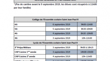 Les dates de rentree scolaire 2019-2020 à l'Espérance